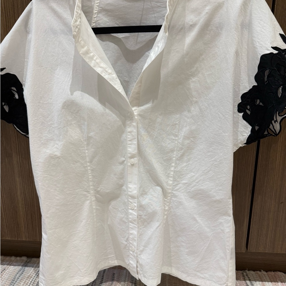Elegant White Blouse with Black Lace Accents